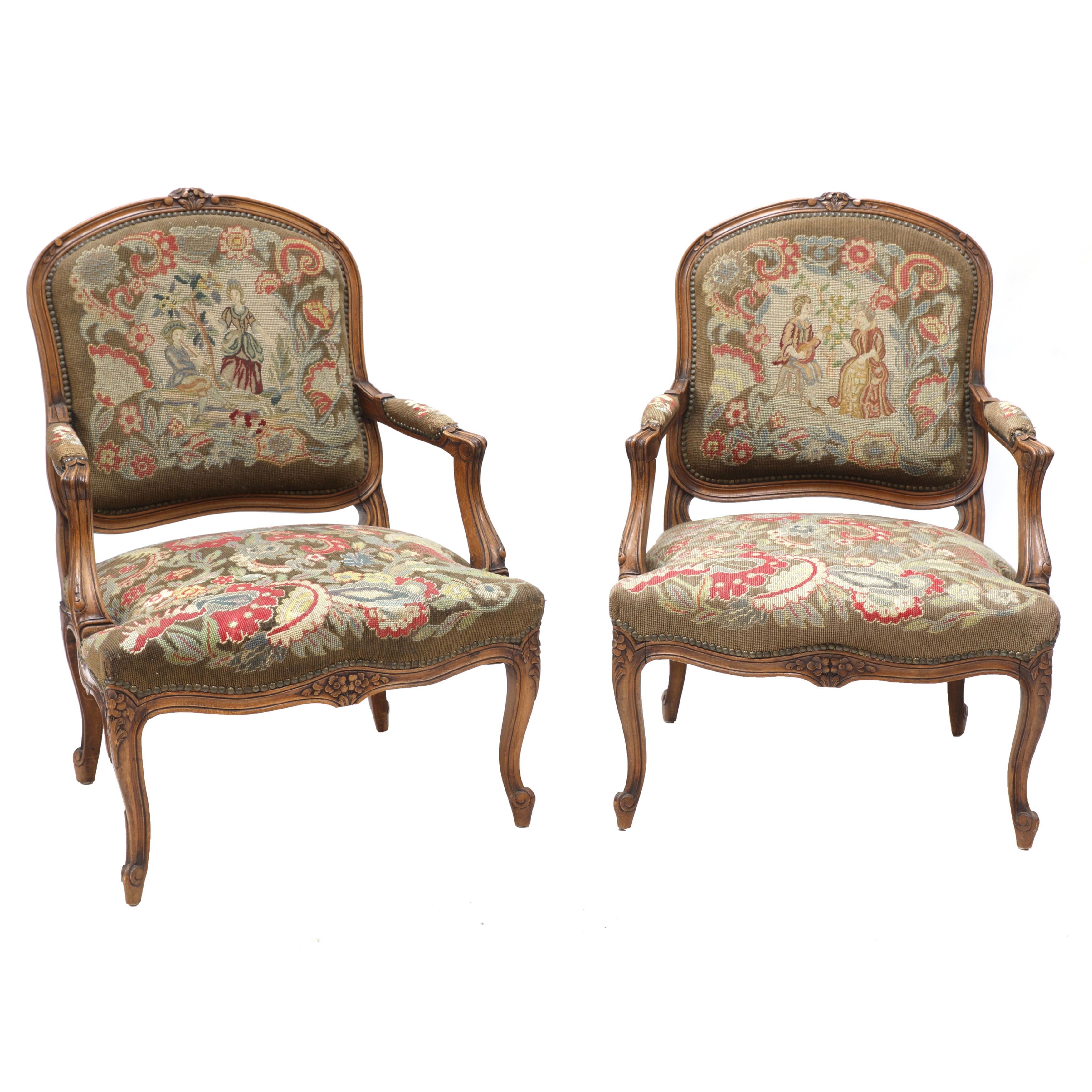 A pair of French Louis XV-style beech fauteuils, late 19th century